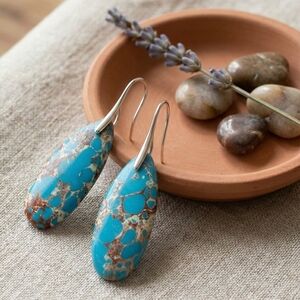 Imperial Jasper Teardrop Earrings Blue Sea Sediment Stone Boho Silver Dangle